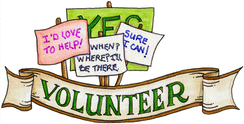 A banner that says "Volunteer", and there are signs in the background that say "I'd love to help!", "When, Where, I'll be there" and "Sure I can!"